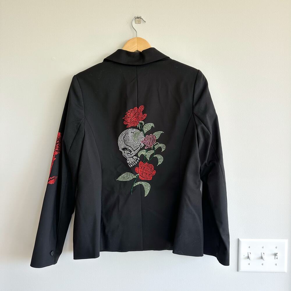 Hipchik Couture Skull Rose Beaded Single-Breasted Blazer Black 14